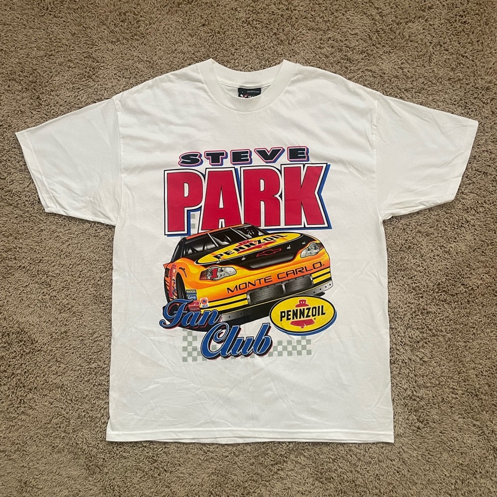 Vintage Y2K Steve Park Pennzoil White Fan Club T-shirt L NASCAR SIGNED